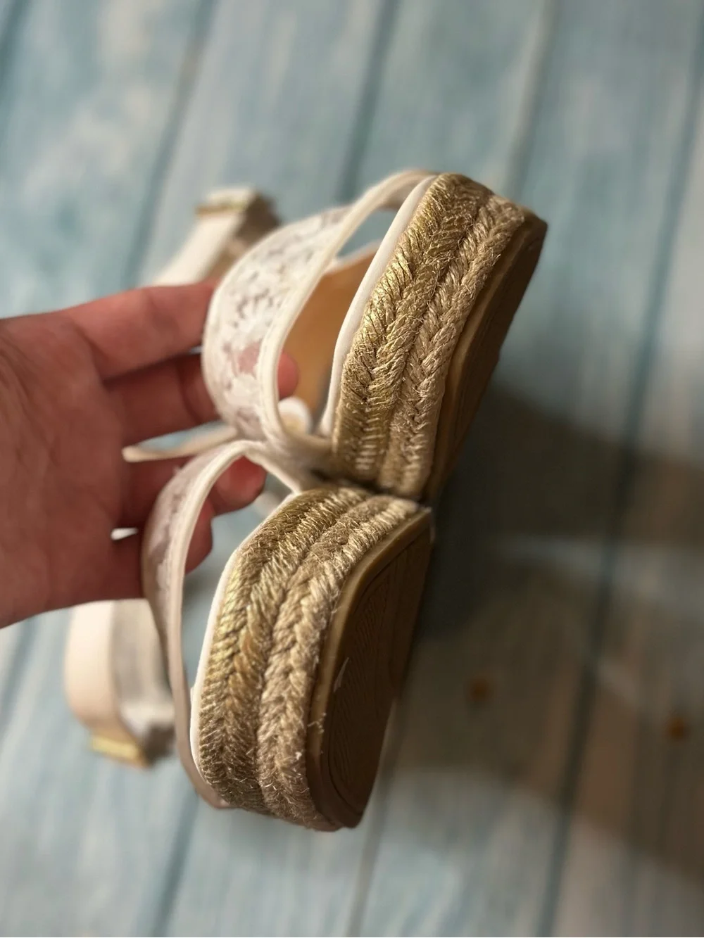 White Braided Straw Platform Sandals with Floral Mesh Stitching on Strap | Sz:3Y
